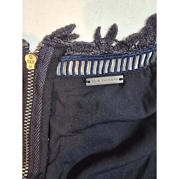 Elie Tahari Navy Blue Lace Floral Sleeveless Dress With Zipper Back US size 8 - Picture 3 of 13
